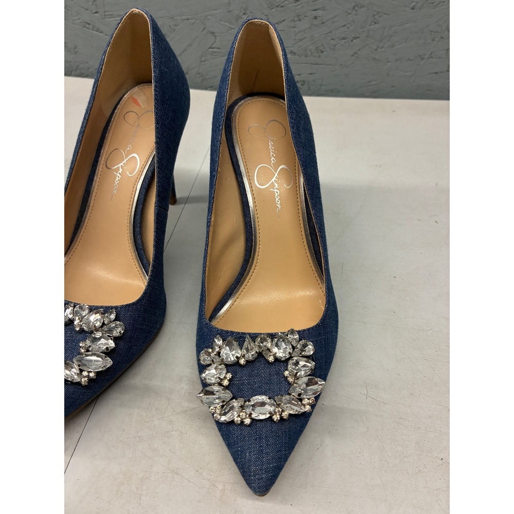 Jessica Simpson Womens Size 7M Denim Rhinestone Crystal Pointed Pump Heels Blue - Picture 4 of 13